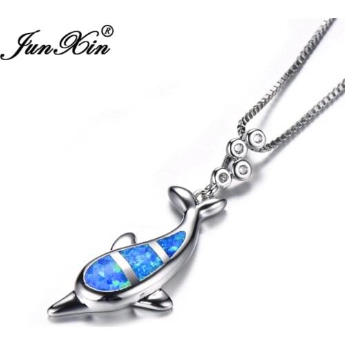 JUNXIN Ocean Blue Fire Opal Cute Dolphin Pendant Necklaces For Women Silver Color Mystical Stone Engagement Choker