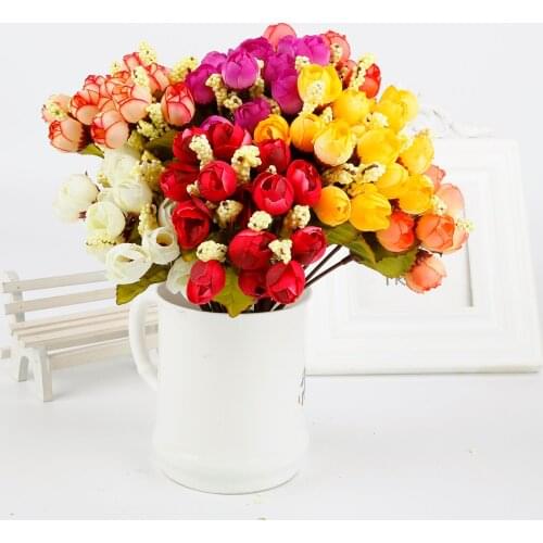 24cm Rose Pink Silk Artificial Flowers Bouquet 15 Flowers and Cheap Fake Flowers for Home Wedding Decoration indoor