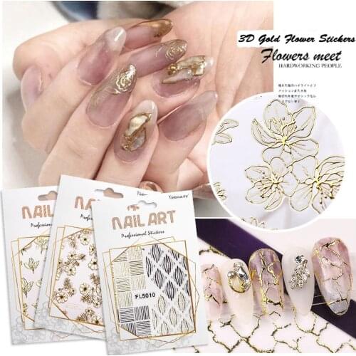 3D Golden Flower Nail Stickers Manicure Sliders Lace Nails Art Accesoires Transfer Foil Geometric Lines Nail Decoration Designer
