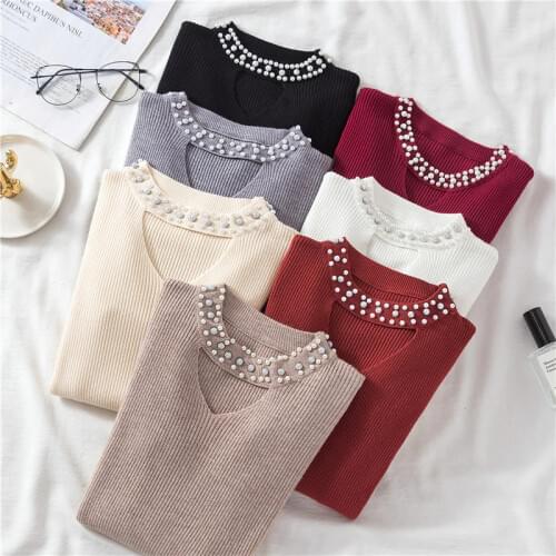 Autumn and winter Korean new Pullover sweaters with slim body and hollowed out nail beads knitwear for women
