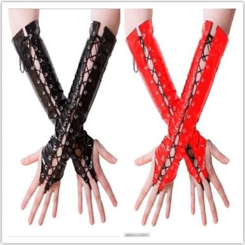 Sexy Long Black Red PVC Women Hanging Gloves Ladies Faux Leather Lacing Gloves Night Club DS Sexy Cosplay Costumes
