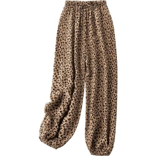 100% Silk Natural Silk Leopard Trousers Pants New Women Spring Summer loose casual Trousers Silk Long Pants for Women