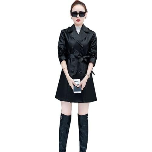 Womens Winter Leather Trench Coat Jacket Spring Autumn Ladies Leather Trench Coat Thick Double-Breasted Female Leather Coats