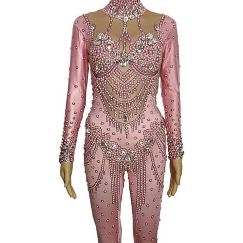 2019 Pink Pearl Rhinestones Elastic Jumpsuit Crystals Leotard Long Sleeve Rompers Women Birthday Party Outfit Nightclub Costumes