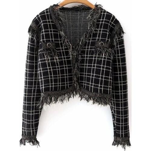 MESTTRAF Women 2021 Fashion V-neck Fringed Check Cardigan Sweater Fall Retro Long Sleeve Casual Top Streetwear