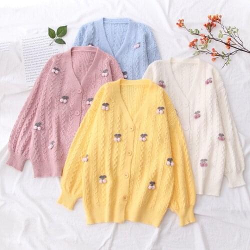 Women Knitted Cardigans Cherry Jacquard Embroidery Sweater Coats V Neck Sweet Single Breasted Loose Casual Outwear Sweater 2021