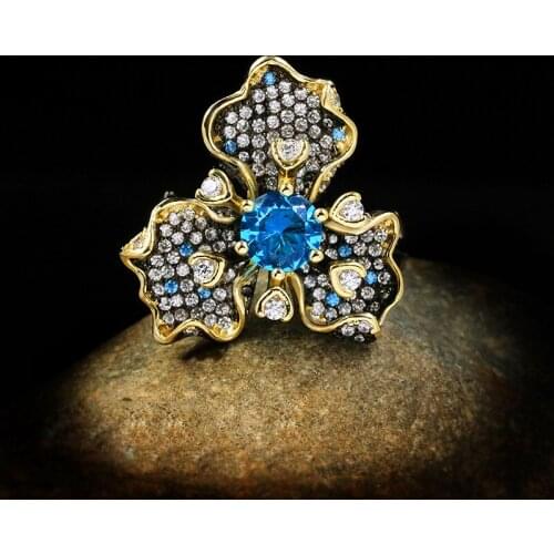Luxury Female Blue White Crystal Ring Charm 14KT Black Gold Wedding Rings For Women Vintage Flower Zircon Engagement Ring