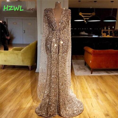 Gold Sparkly Fabric Middle East Kaftan Evening Dress 2020-2021 Dubai Islamic Long Prom Dresses Mermaid Celebrity Party Gowns
