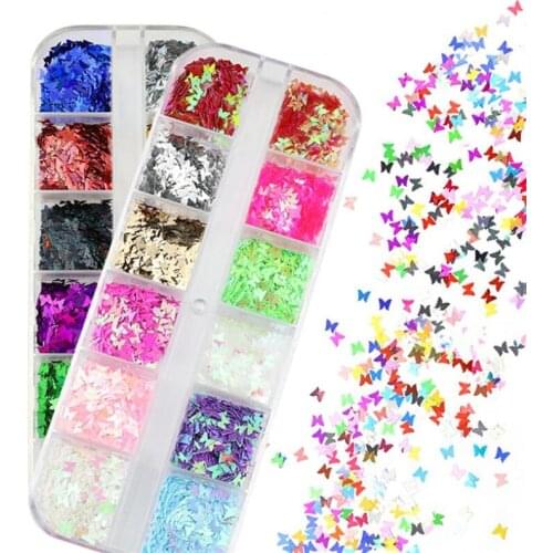 1Box Holographic Butterfly Shape Glitter Nail Design In 12Grids Set