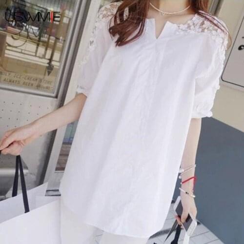 2020 Summer Women Blouses New Fashion Thin Hollowed Out Lace Shirt Half Sleeved Solid Color O-neck Flowers Comfort Tops S-5XL