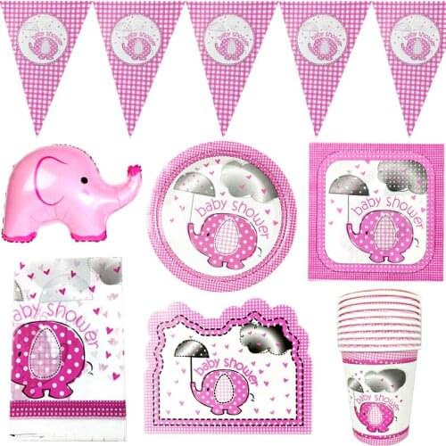 63PCS Pink Elephant Balloons Baby Shower Invitation Deco Flags Cups Plate Girls Favors Banner Birthday Party Tablecloth Napkins