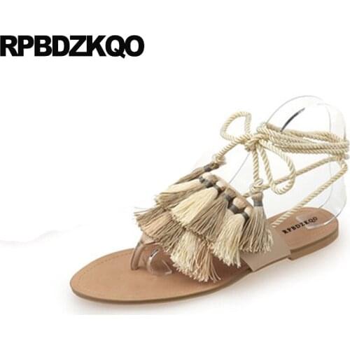Flat ankle strap nude shoes sandals leisure fashion bohemia style roman lace up fringe summer plus size 2019 women 11 designer