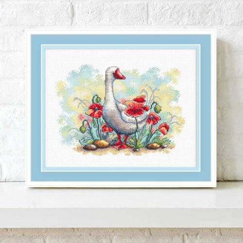 Fishxx Precision Printing D861 Poppy and White Goose Hand Embroidery Kit Cross Stitch