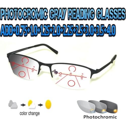 Photochromic Gray Progressive Multifocal Reading Glasses Men Woem Ultralight Black Frame+1.0 +1.5 +1.75 +2.0 +2.5 +3 +3.5 +4