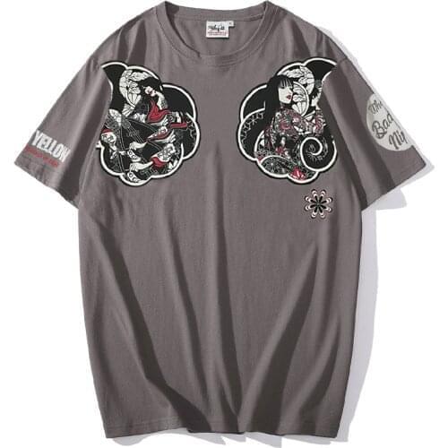 Japanese Tattoo Print T-shirt Mens Motorcycle Biker T Shirt Summer Short Sleeve Hip Hop Casual Loose Cotton Tops Tee Shirt Gray