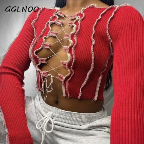 GGLNOO Patchwork Lace Up Long Sleeve Crop Tops Ribbed Sexy Party Knitwear T-Shirt Hollow Out Bodycon Club Tie Front Top GG23902