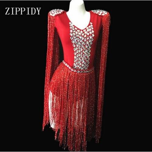 2019 Queen Luxury Crystals Tassel Bodysuit Stage Dance Wear Rhinestones Epaulet Fringes Costume Singer Celebrate Show Outfit