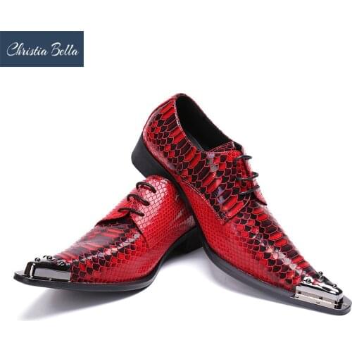 Christia Bella Print Red Men Shoes Leather Handmade Wedding Dress Oxford Shoes For Men Metal Rivets Pointed Toe Lace Up Flats