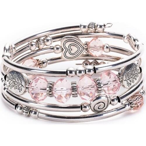 Fashion Simple Style Multi-faceted Light Pink Crystal Multi-layer Fashion Charm Dainty Women Ladies Bracelet Bangle Gift