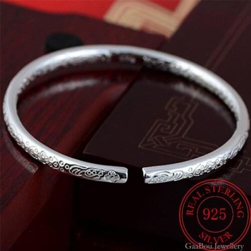 Fashion 925 Sterling Silver Woman Cuff Bracelet Flower Retro Bangle Party wedding Jewelry Charm Girl Gifts