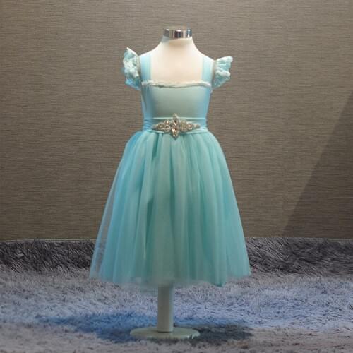 2016 new girls light blue tulle dresses ruffled shoulder kids dresses with belt for wedding birthday party wholesale 16DD475