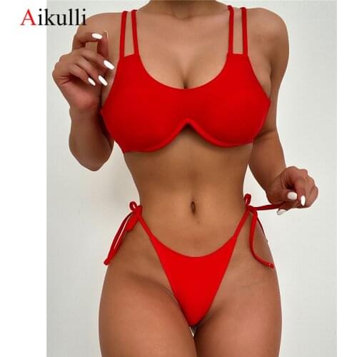 2021 New Red Bikini Thong Swimsuit Women Sexy Back Cross Bikini Set Push up Brazil Swimming Bathing Suit Summer Biquini Swimwear