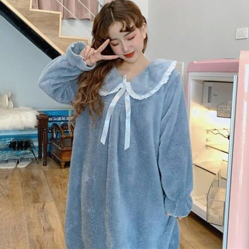 Autumn Winter Korean 2020 New Plus Velvet Padded Long skirt Pajamas Can Be Worn Outside Long-sleeve Nightdress Womens Home Wear