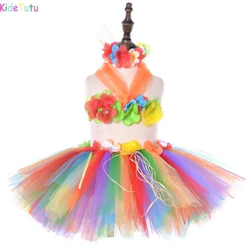 Rainbow Rainforest Hawaii Hula Tutu Set Baby Girls 1st Birthday Luau Party Dress with Floral Headband Beach Bonfire Photo Shoot