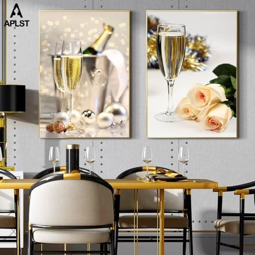 Romantic Party Yellow Wine Champagne Canvas Prints Painting Rose Flowers Pictures Home Decor Kitchen Art Posters for Living Room