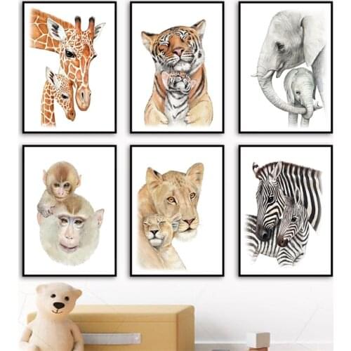 Safari Animal Babies Lion Elephant Mother and Baby Nursery Wall Art Print Canvas Painting Nordic Poster Decor Pictures Kids Room