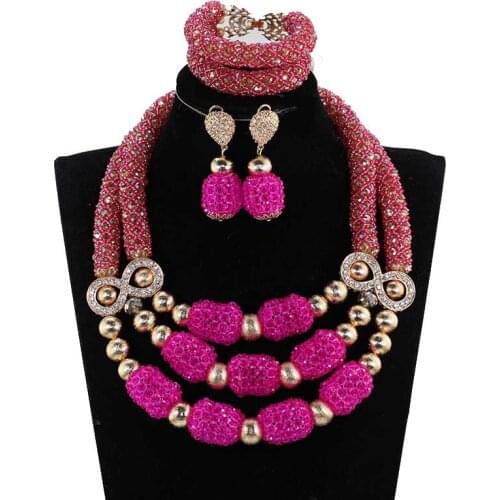 Amazing Fuchsia Pink Wedding Bib African Beads Jewelry Set Pink and Gold Chunky Statement Necklace Set Crystal Jewelry WE193