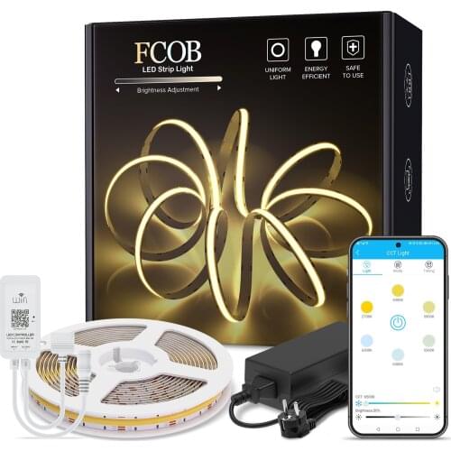 FCOB CCT LED Light Strip Full Set Mini WiFi APP RA90 Dimmable High Density Flexible COB Led Lights Warm White with White DC 24V