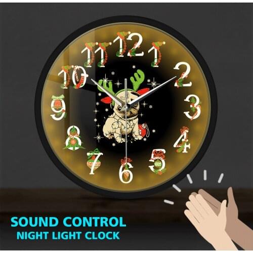 Pug Dog Christmas Metal Frame LED Wall Clock Funny Clap Sound Control Deer Pug Smart Clocks Watch Design for Home Decor Horologe