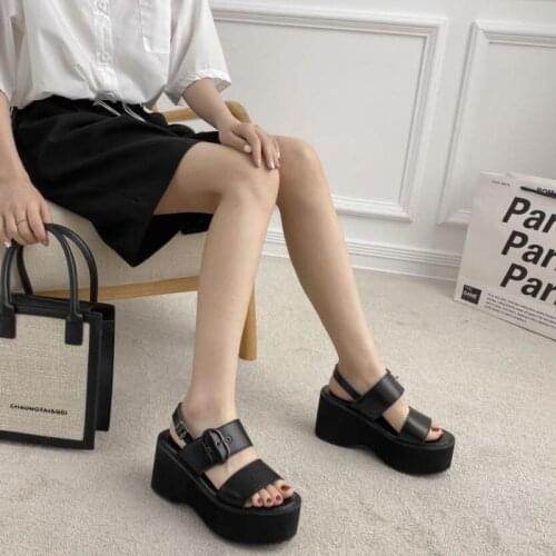 Vintage Platform Heels Chunky Block High Heel Sandals Women Black Punk shoes Belt Buckle Gothic Shoes For Student Uniform Japan
