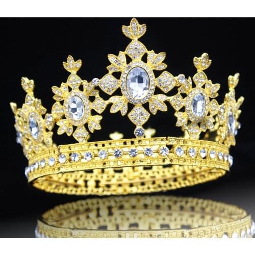 Gold Crystal Queen King Bridal Tiara Crowns Wedding Bride Vintage Head Jewelry Accessories For Women Pageant Hair Ornament