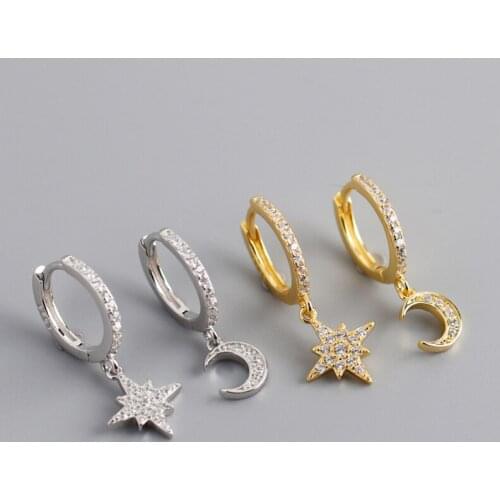 Newest Design Fashion S925 Silver Zircon Star and Moon Drop Asymmetry Charm Earrings For Women Jewelry Accessories