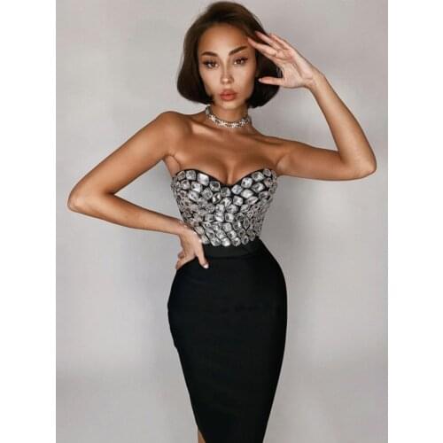 Adyce 2021 New Summer Women Black Strapless Bandage 2 Two Pieces Sets Sleeveless Crystal Tops& Skirts Celebrity Runway Party Set