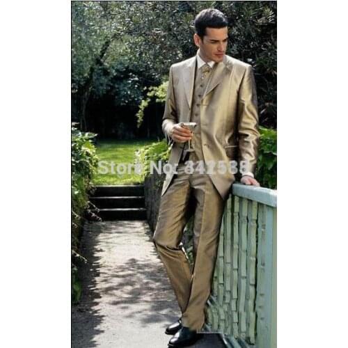 2015 Custom Gold Three buttons Notch Lapel Groom Tuxedos/Groomsmen Men Wedding Suits Prom Clothing /wester suits/best man suits
