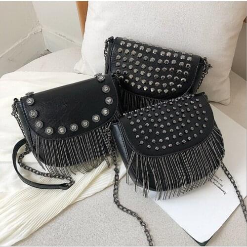 2021 New Womens Rivet Tassel Crossbody Bag Small Square Cover Mobile Phone Bag Ladies PU Leather Messenger