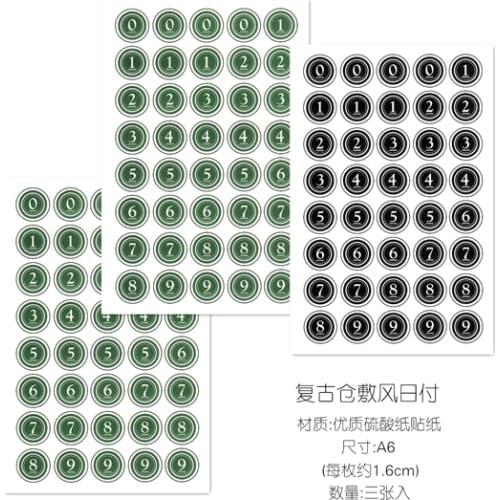 3 Sheets A6 Size Vintage Arabic Numerals 1-9, Vintage Number Tags Round Stickers Decoration Stationery Stickers
