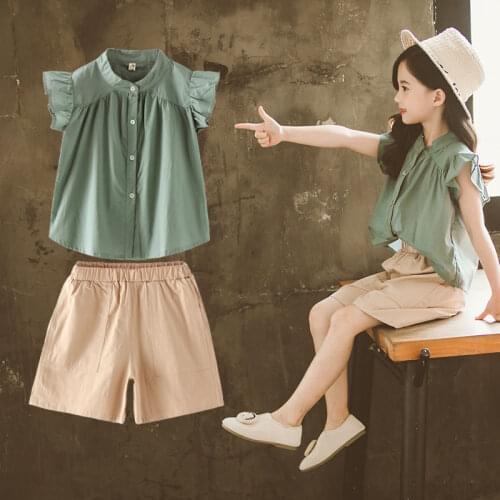 2021 new teenager Summer Kids Girls clothes Flying Sleeve blouse Shirt + Khaki Leisure loose Pants 4 5 6 7 8 9 11 12 13 14 years