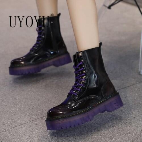 Brand Women Boots 2021 Fashion Patent Leather Bling Purple Ankle Shining Boots For Woman Casual Dr. Motorcycle Shoes Warm Winter