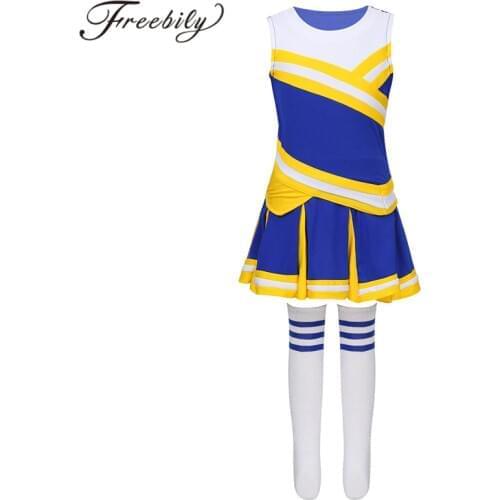 Kids Girls Sport Game Cheer School Girl Costume Sleeveless Tops Pleated Skirt Socks Set Cheerleading Uniforms Dress Up Outfit