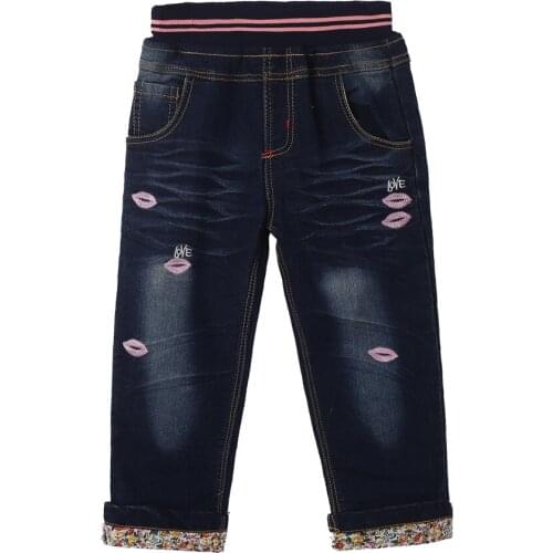 Children Big Kids Girl Long Pants Jeans Blue Stitched Love Kisses with Flower Trimming Elastic Size 3 5 7 Years Old