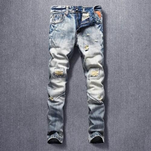 Fashion Streetwear Men Jeans High Quality Retro Slim Fit Ripped Denim Pants Hombre Patchwork Spliced Designer Hip Hop Trousers