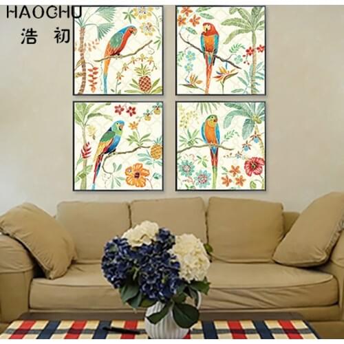HAOCHU Parrots Tropical Tree Hawaii Landscape Decorative Artwork Wall Poster Canvas Painting Modular Pictures for Living Room