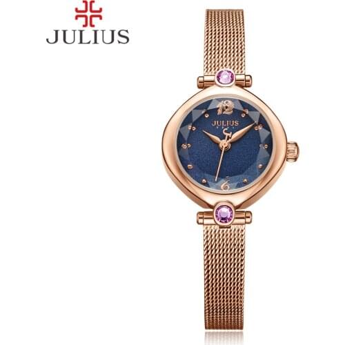 JULIUS 2017 Winter Blue Rose Gold Tone Mesh Stainless Steel Quartz Analog Pink Diamond Fashion Watch Dress Wrist WHatch JA-1010