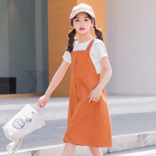 2021 Girl Set Childrens Clothing Girls White Cotton T-Shirt and Overalls Dress 2 Pcs Suits Summer Kids Clothes 4 6 8 10 12 Yrs