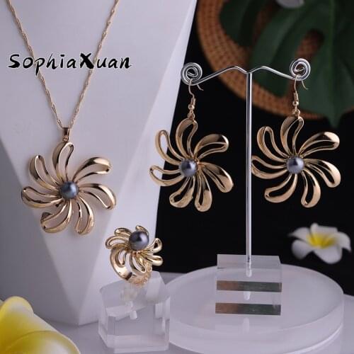 SophiaXuan Hawaiian Fashion Jewelry Sets Polynesian Flower Gold Plated Rings Earrings Necklace Sets for Women Gift 2021 Trendy