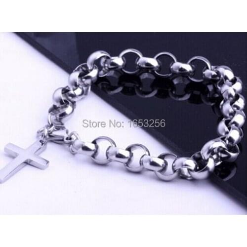 Mens womens jewelry Round rolo chain stainless steel with Cross charm bracelet 9mm Wide 8"